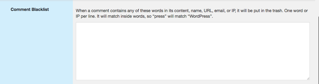 Blacklisting spam words for comments