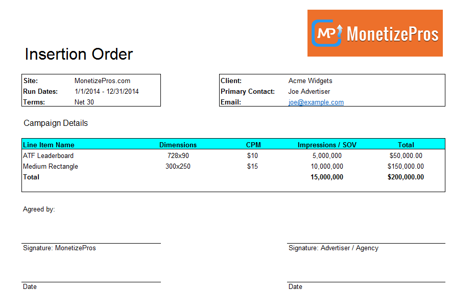 Insertion Order 101 + FREE IO template by Monetize Pros