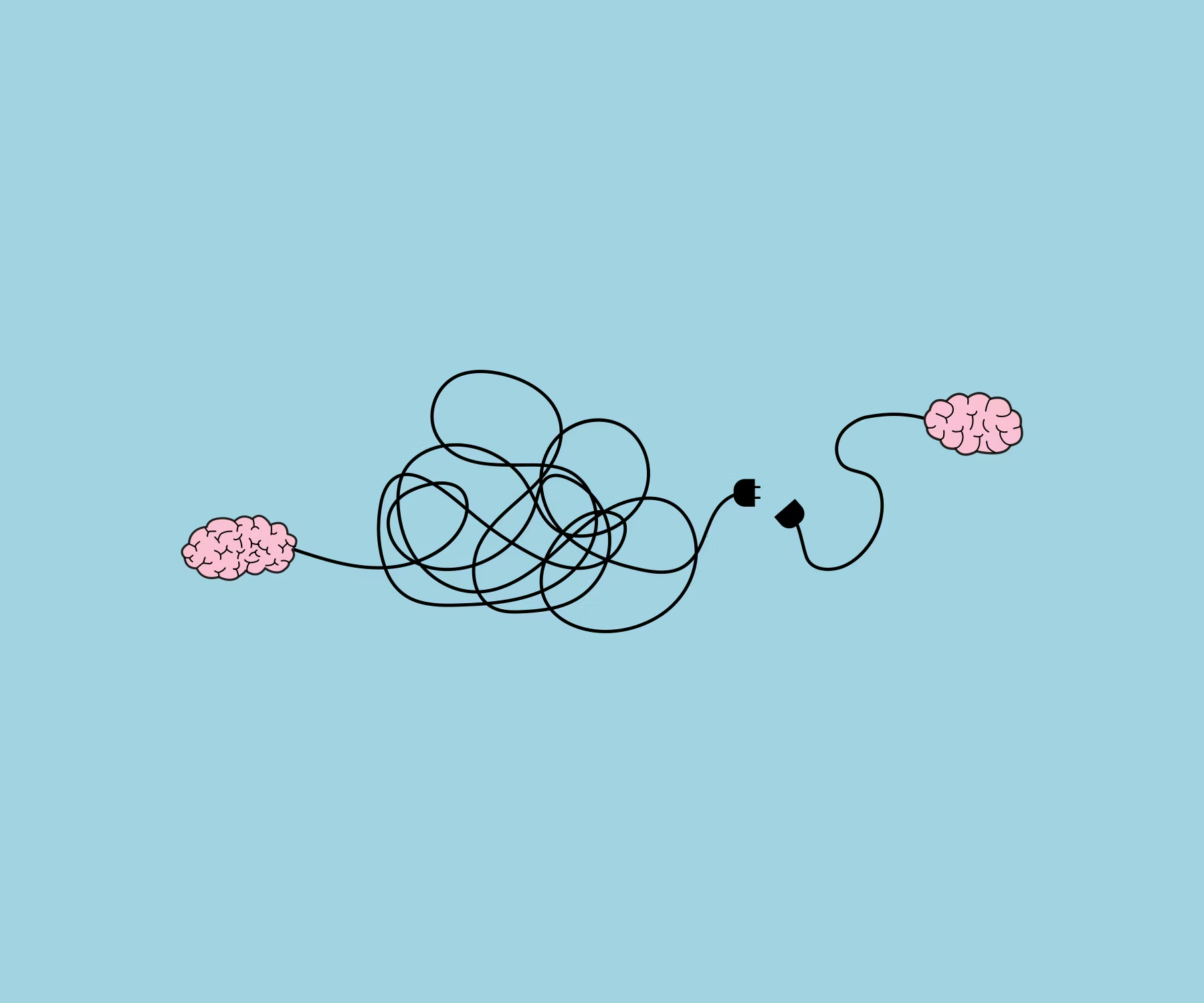 Illustration of two brains connected by a tangled cable.