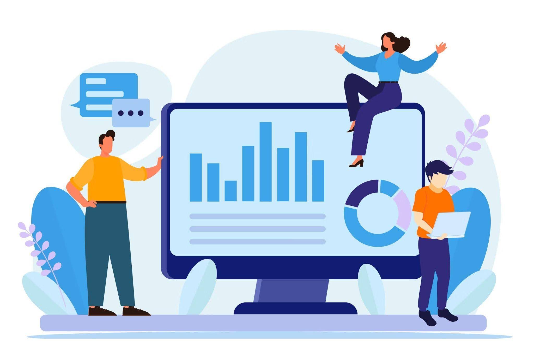Illustration of a team analyzing data and charts on a large screen.