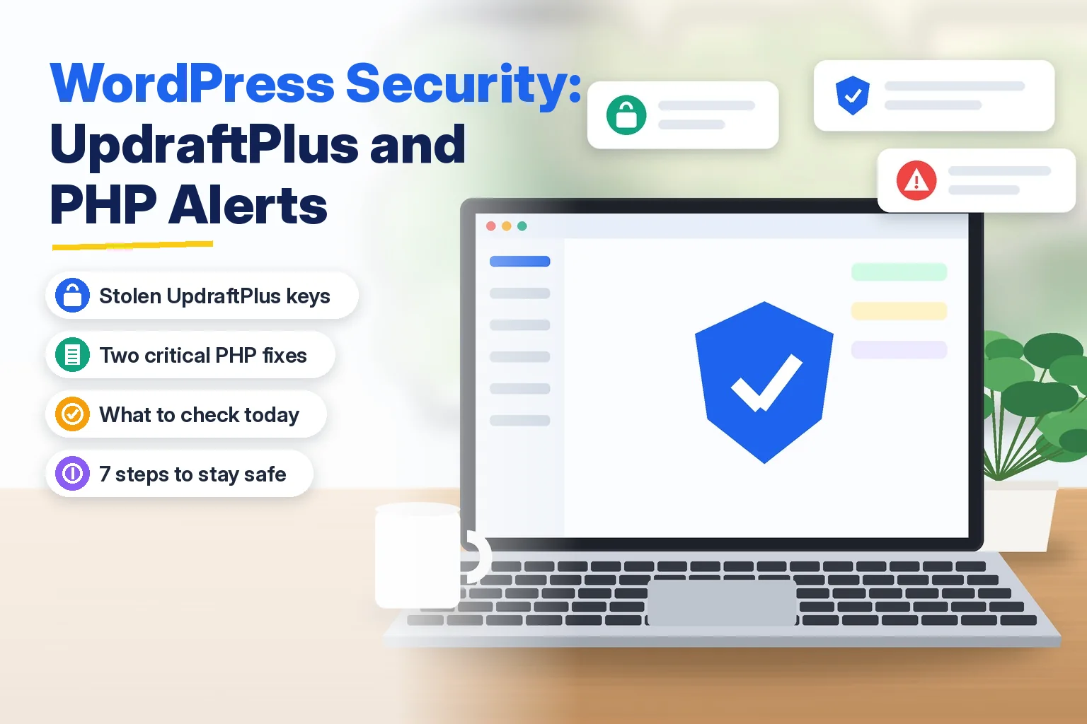 WordPress security guide for publishers on the UpdraftPlus key theft and PHP alerts