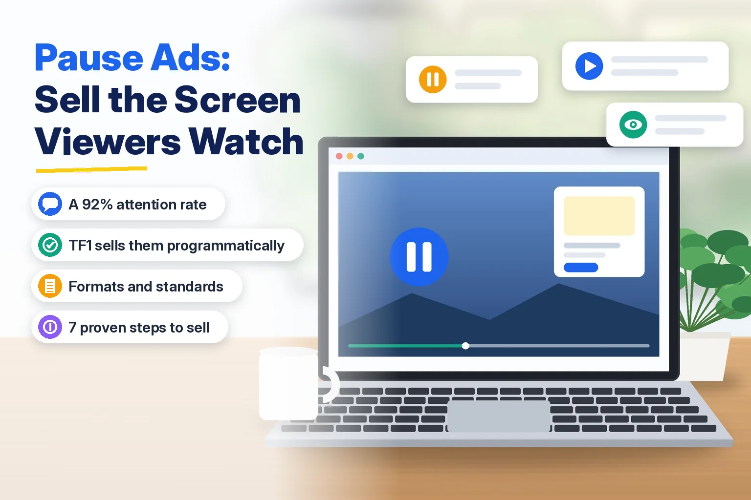 Pause ads guide for publishers showing a paused streaming video with an ad card on a laptop screen