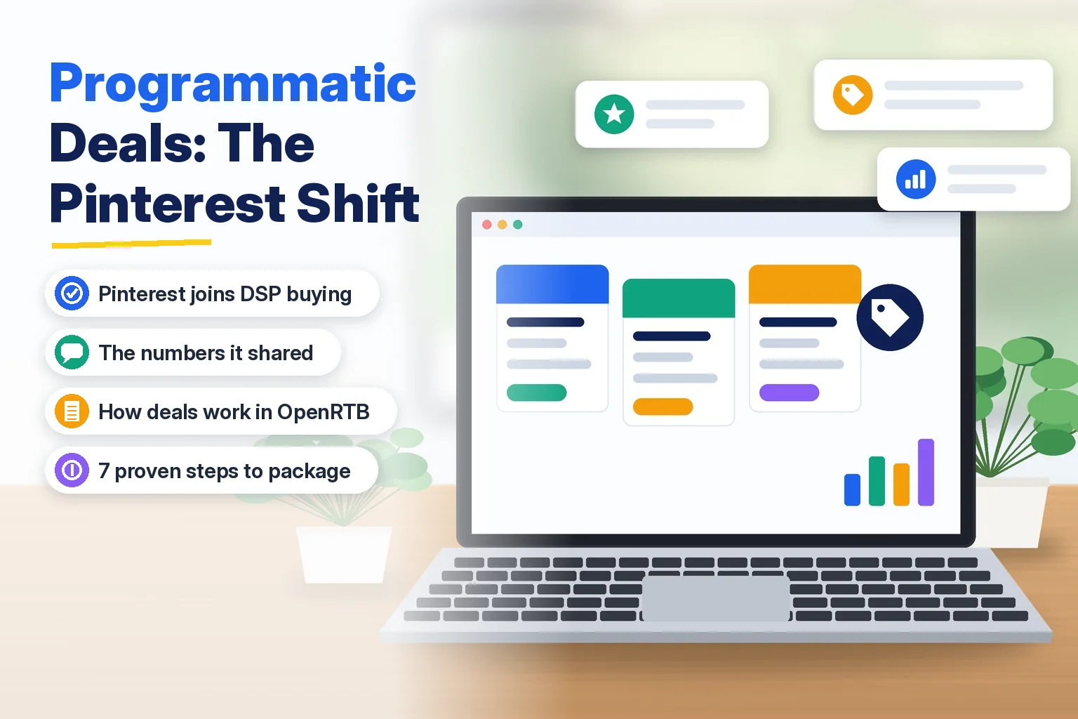 Programmatic deals guide for publishers showing deal cards, a price tag and bar charts on a laptop screen