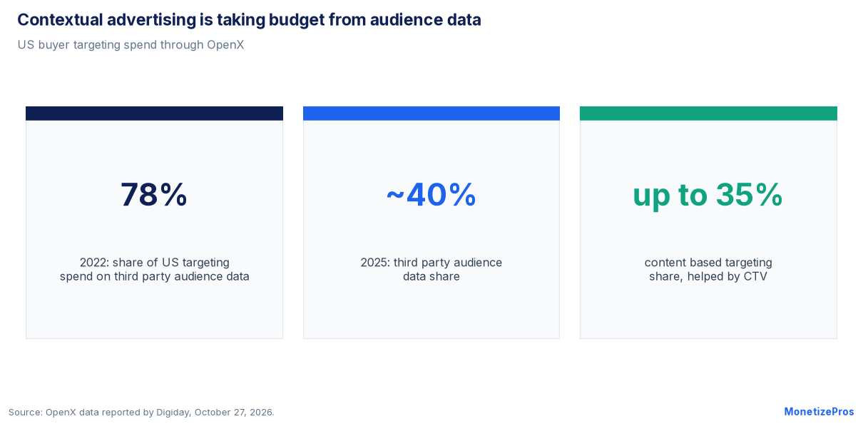 Contextual advertising share rising: OpenX says third party audience data fell from 78% of US targeting spend in 2022 to about 40% in 2025