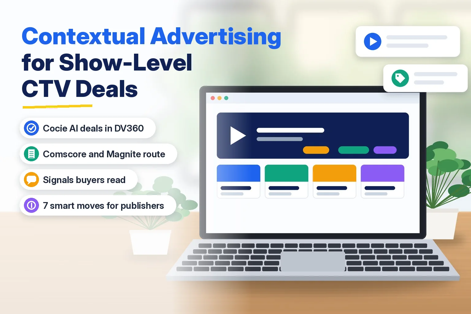 Contextual advertising guide for CTV publishers showing a streaming show banner and genre tiles on a laptop screen