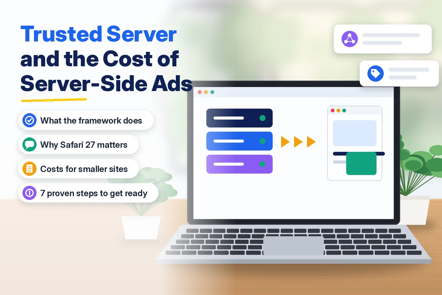 Trusted server guide for publishers showing a server stack sending ads to a browser window on a laptop screen