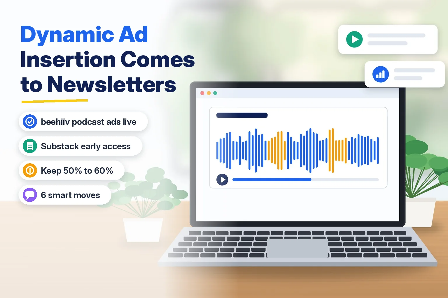 Dynamic ad insertion guide showing a podcast waveform with highlighted ad breaks on a laptop screen